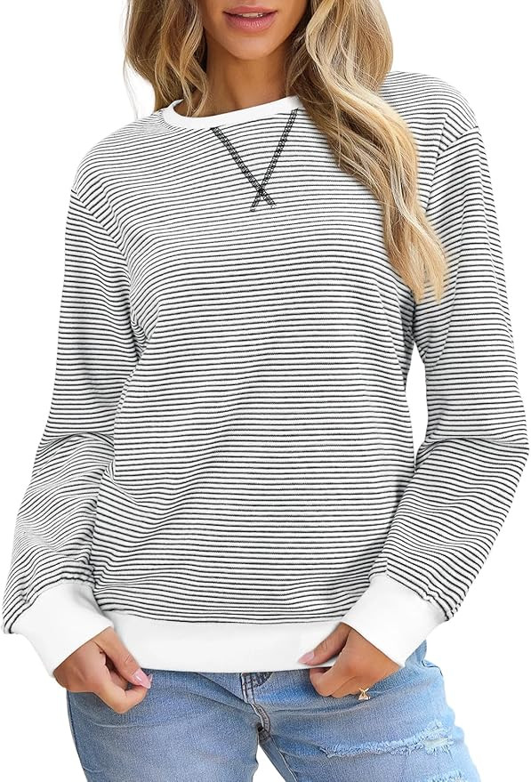 SHEWIN Womens Striped Sweatshirt Crewneck Casual Long Sleeve Pullover Tops Trendy 2025 | Amazon (US)