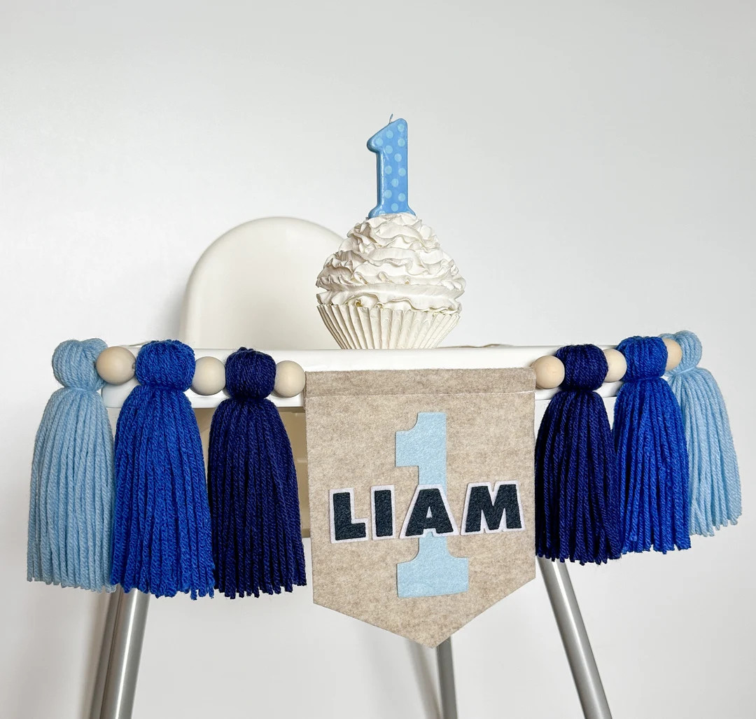 Blue Highchair Banner, Boy First Birthday Party, High Chair Name Flag, Cake Smash Photo Prop, Sha... | Etsy (US)