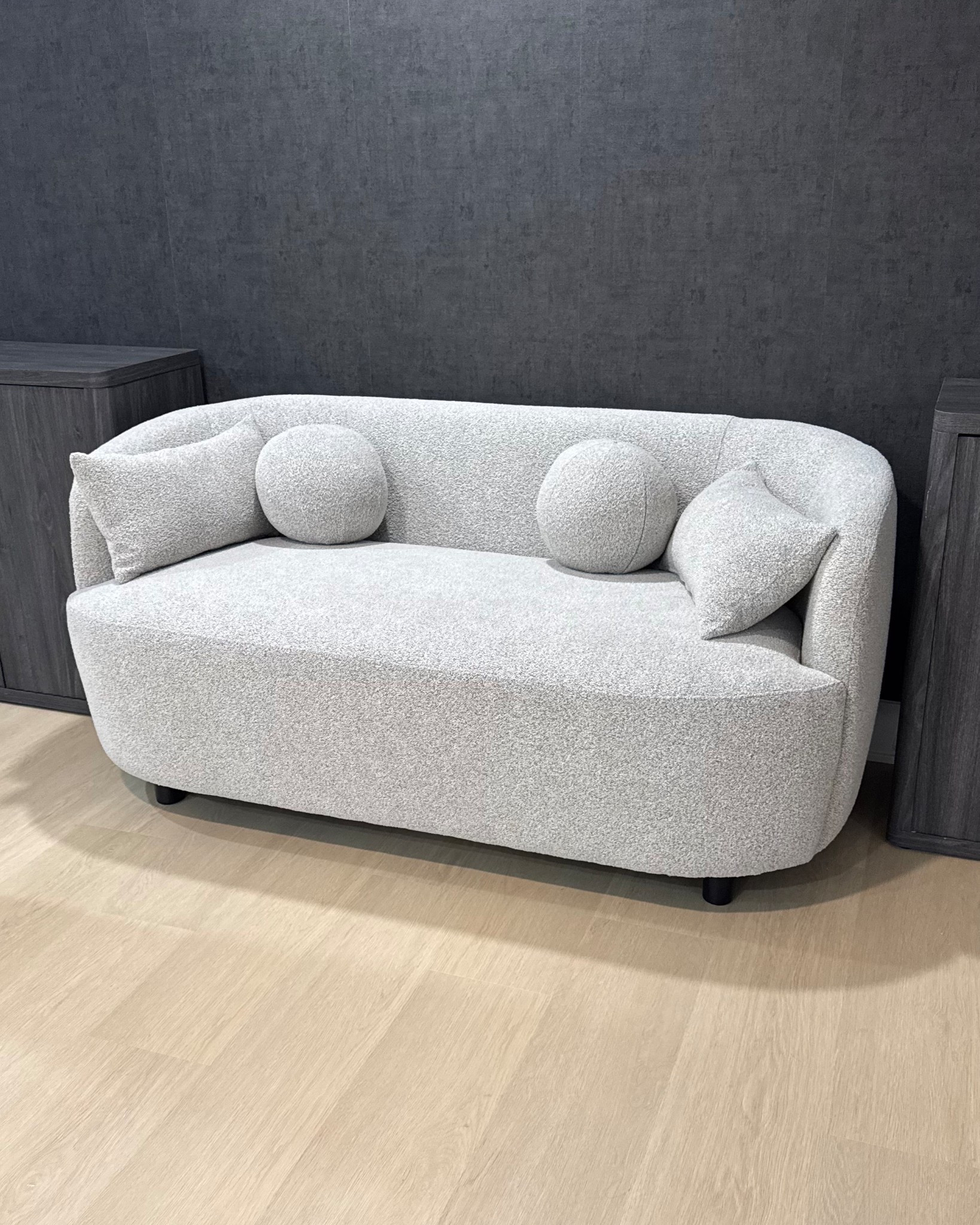 Small boucle accent couch with round pillows from Wayfair. The black textured wallpaper is from Wayfair too.

#LTKHome