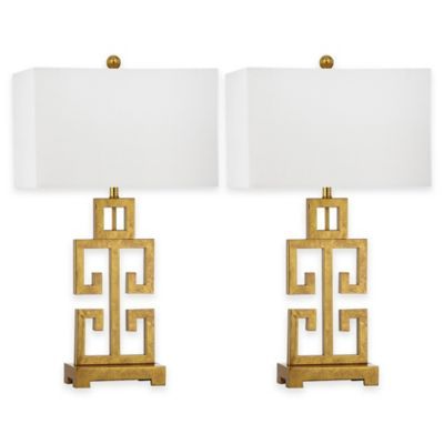 Safavieh Greek Key 1-Light Table Lamp in Antique Gold with Cotton Shade (Set of 2) | Bed Bath & Beyond