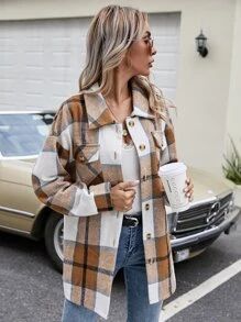 Button Through Flap Pocket Plaid Overshirt | SHEIN