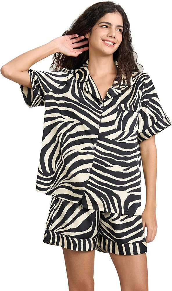 Womens Silk Satin Shorts Pajamas Set Button Down 2 Piece Pjs Short Sleeve Oversized Sleepwear wit... | Amazon (US)