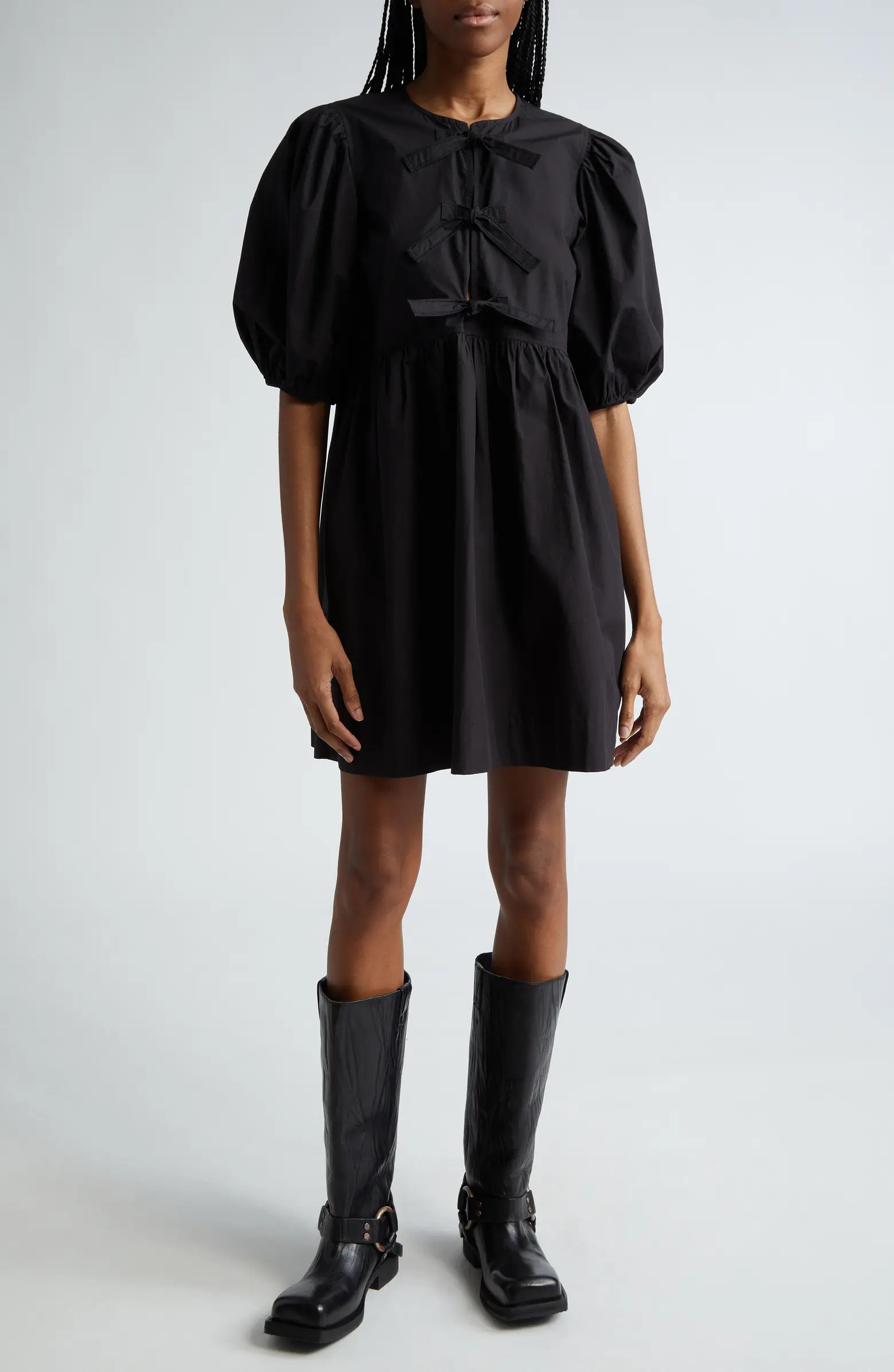 Tie Front Puff Sleeve Organic Cotton Poplin Minidress | Nordstrom