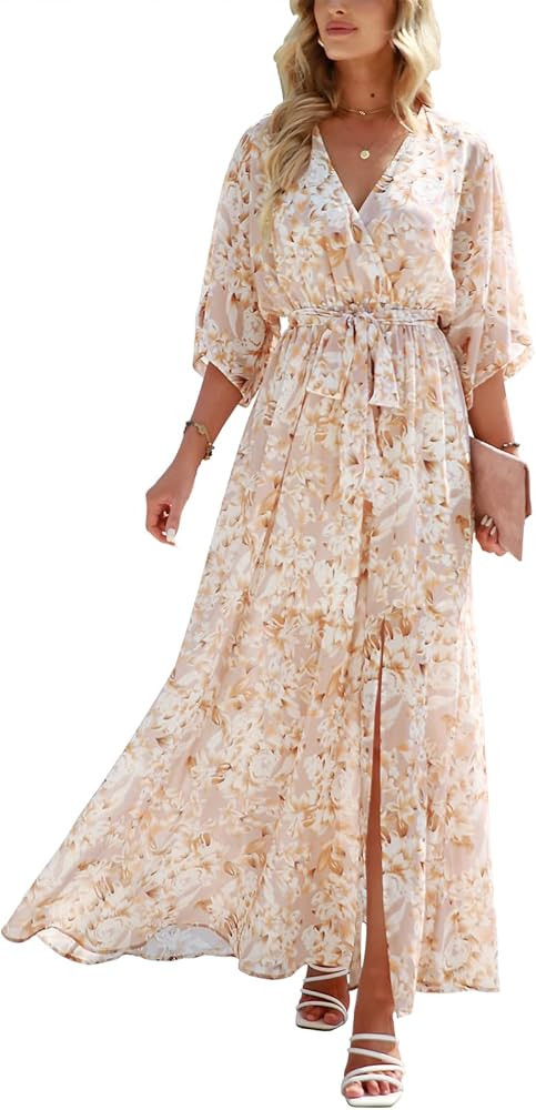 ANRABESS Women’s Summer Loose Kimono Maxi Dress Wrap V Neck 3/4 Sleeve Floral Print Slit Long Dresse | Amazon (US)