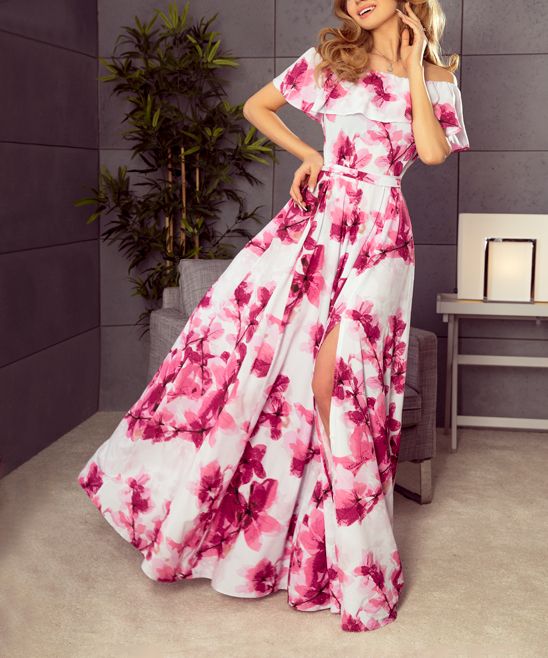 Numoco Women's Casual Dresses pink - White & Pink Floral Off-Shoulder Dress - Women | Zulily