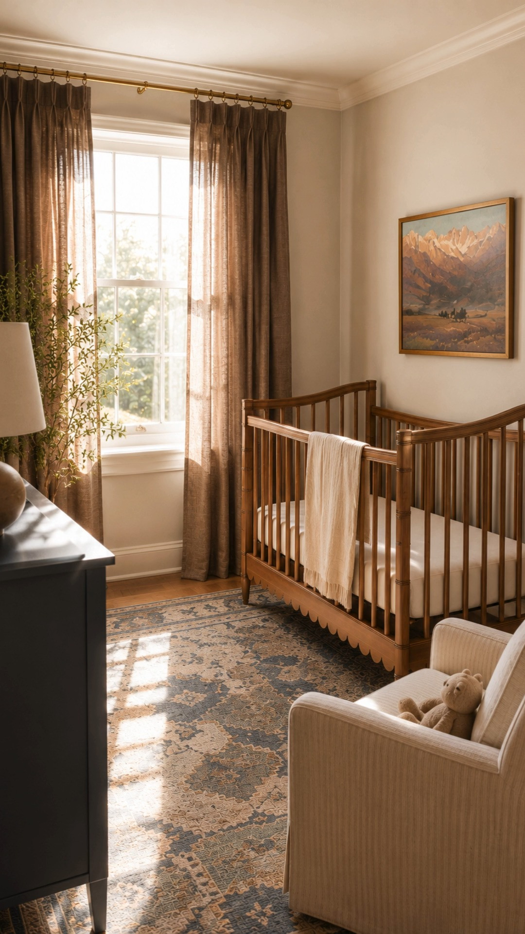 Warm traditional nursery with a natural wood crib, navy blue dresser, neutral upholstered nursery chair, vintage style nursery rug, soft warm lighting, layered earthy tones, and collected cottage decor. This cozy nursery design combines timeless nursery furniture, warm neutral nursery palettes, heirloom inspired styling, cottagecore nursery details, traditional family home interiors, and elevated baby room decor to create a space that feels peaceful, livable, and classic. Ideal for neutral nursery inspiration, cottage nursery decor ideas, warm traditional nursery styling, vintage nursery rugs, cozy baby room inspiration, collected cottage interiors, and timeless nursery design trends. 

 #LTKHome #LTKBaby #LTKKids