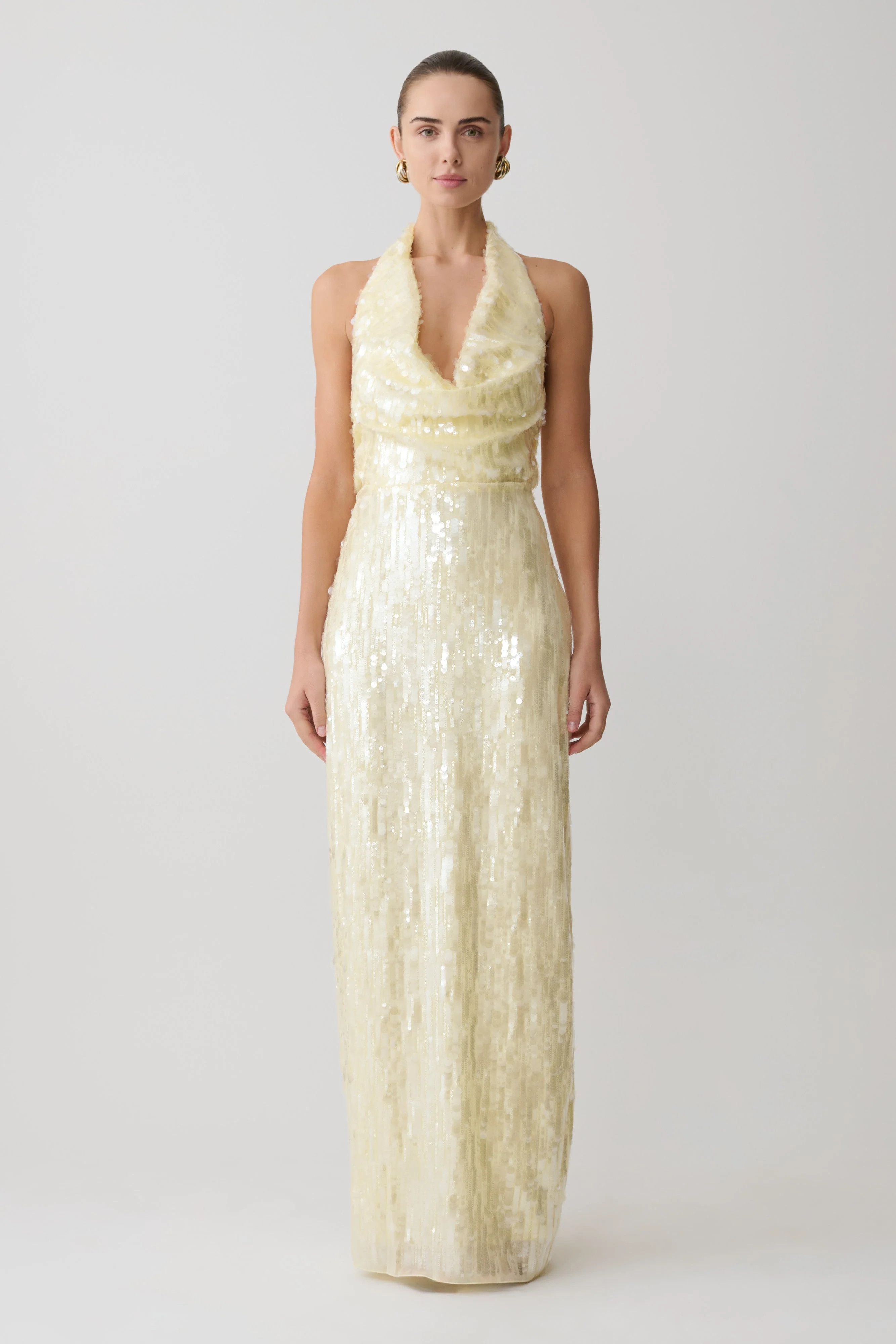 Sequin Halter Maxi Dress - Lemon | MESHKI US