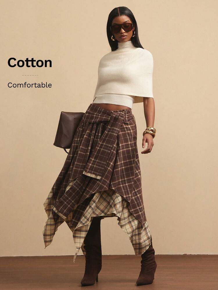 NYA SZN Skirt High Rise Loose Tie Knot Plaid Red Yellow Grunge Holiday Festival Summer Fall Special Occasion Elegant Luxury For Women | | SHEIN