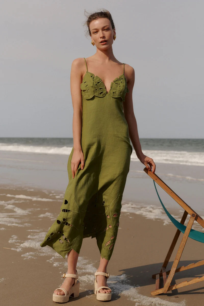 Green Monstera Embroidery Midi Dress | Tuckernuck (US)