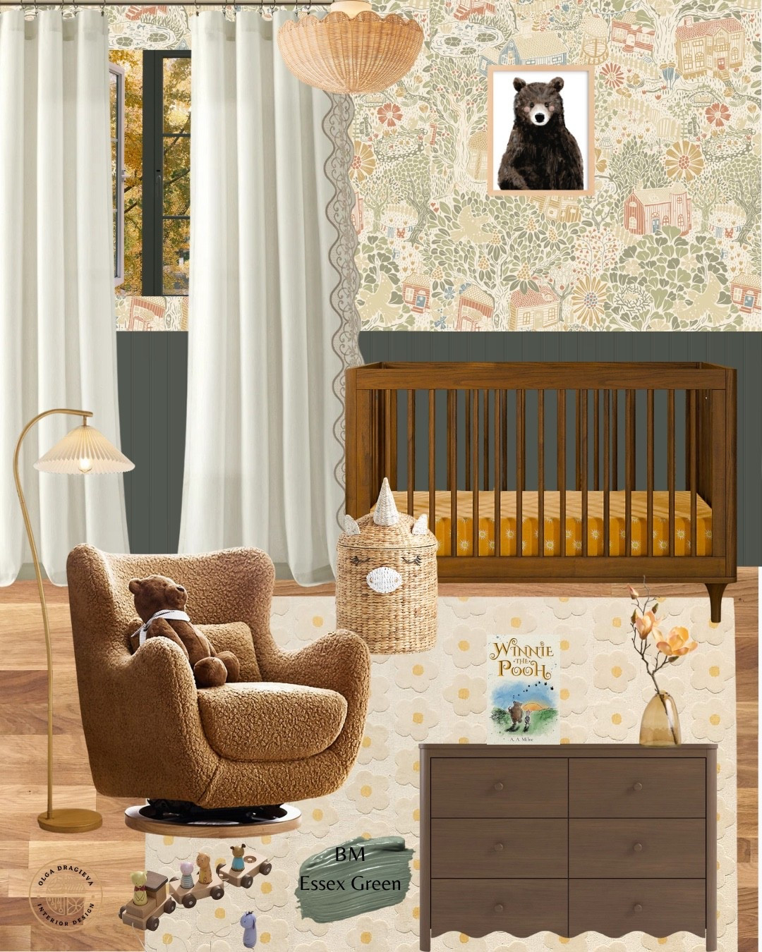 Adorable Winnie the Pooh nursery design/mood board. I love the whimsical wallpaper and the gorgeous glider. The crib is from Crate & Barrel. Floral and neutral rug. Art from Minted. #homedecor #nursery #falltrends 

#LTKHome #LTKSeasonal #LTKBaby