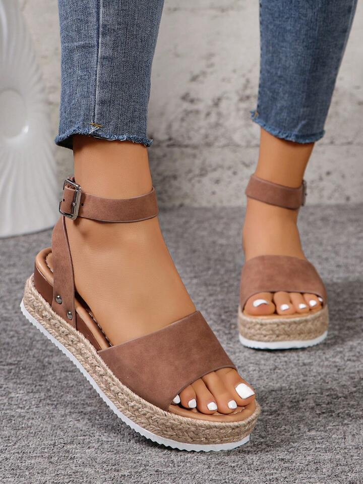 Women's Wedge Heel Thick Bottom Sandals, With Belt Buckle, Fisher Style, Rope & Metallic Rivet De... | SHEIN