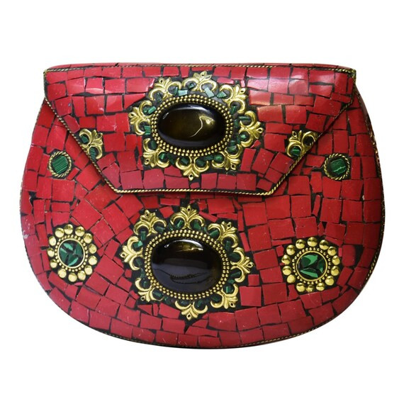 Authentic handbag, Tibetan Gemstone Mosaic Purse, Golden Clutch, Bohemian Boho Bags, Colorful Purse, | Etsy (US)