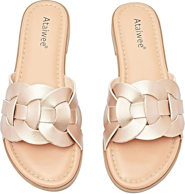 Ataiwee Women's Flat Slide Sandals - Ladies Casual Slip On Criss Cross Strap Summer Shoes. | Amazon (US)