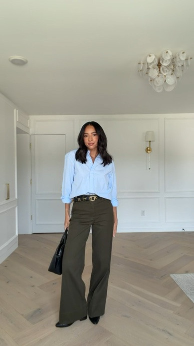 Use code NENAXSPANX to save 15% off your first order! The color of these pants is so perfect for transitioning into fall! Wearing size S blue button down and size S Tall wide leg pants 

casual chic outfit, work from home outfit, summer outfit, summer fashion, mom outfit, postpartum outfit, spanx pants, errands outfit, work outfit, office outfit, workwear