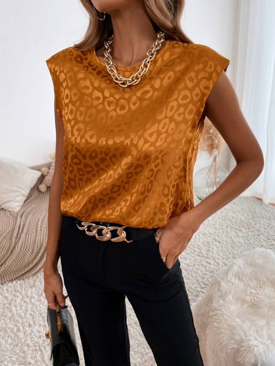 Leopard Jacquard Padded Shoulder Tank Top | SHEIN