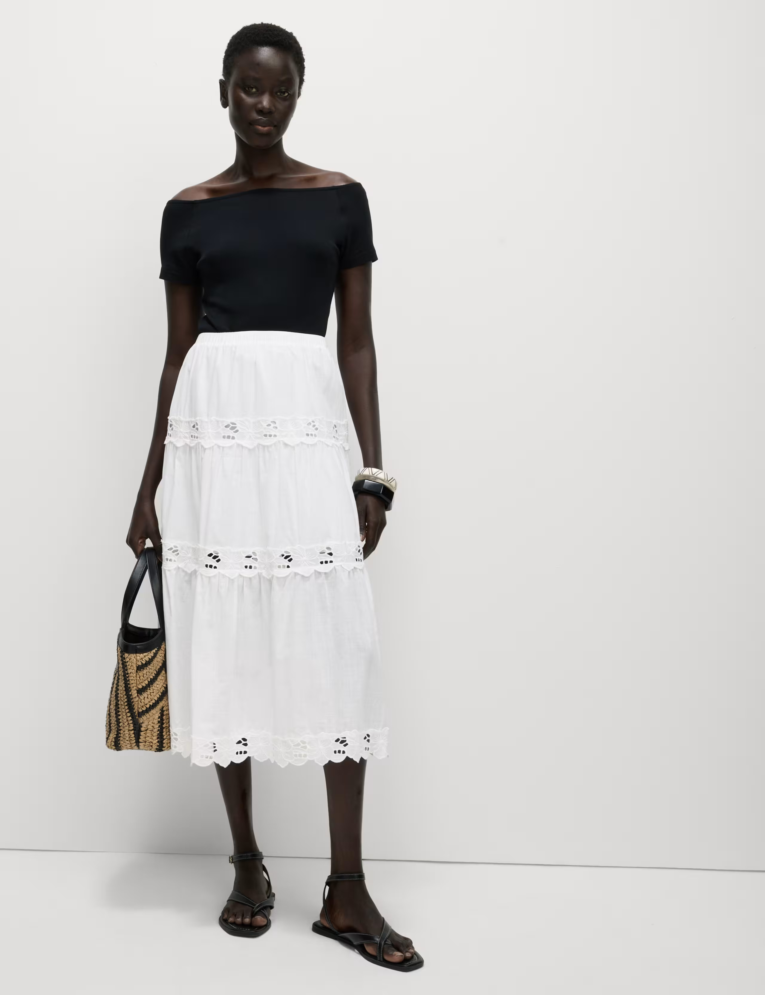 Pure Cotton Broderie Midi Tiered Skirt | Marks & Spencer (UK)