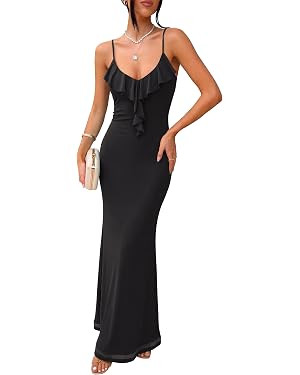 Prinbara Womens Mesh Bodycon Formal Maxi Dresses Summer Spaghetti Strap Ruffle Cocktail Wedding G... | Amazon (US)
