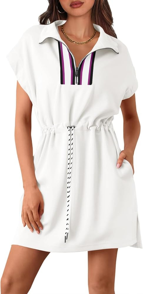 Fisoew Womens Short Sleeve Mini Dress Summer Quarter Zip V Neck Casual Sweatshirt Dresses with Dr... | Amazon (US)