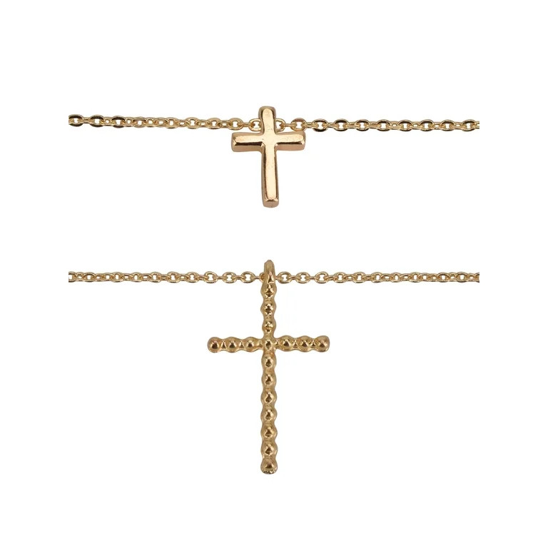 Time and Tru Adult Women's Gold Tone Cross 2 Row Metal Pendant Necklace | Walmart (US)