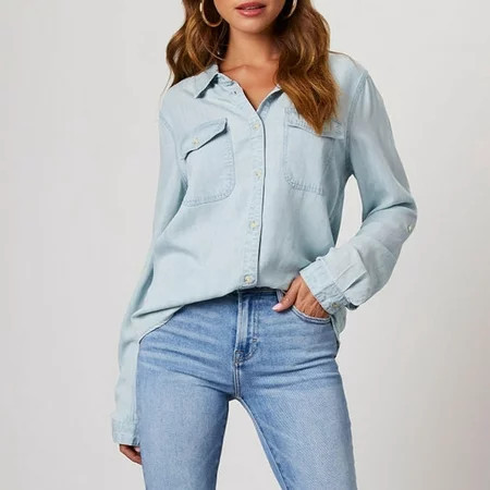 Herrnalise Womens fashion Denim Shirt Chambray Jean Western Shirts Long Sleeve Button Tops Christmas Gifts For Women | Walmart (US)