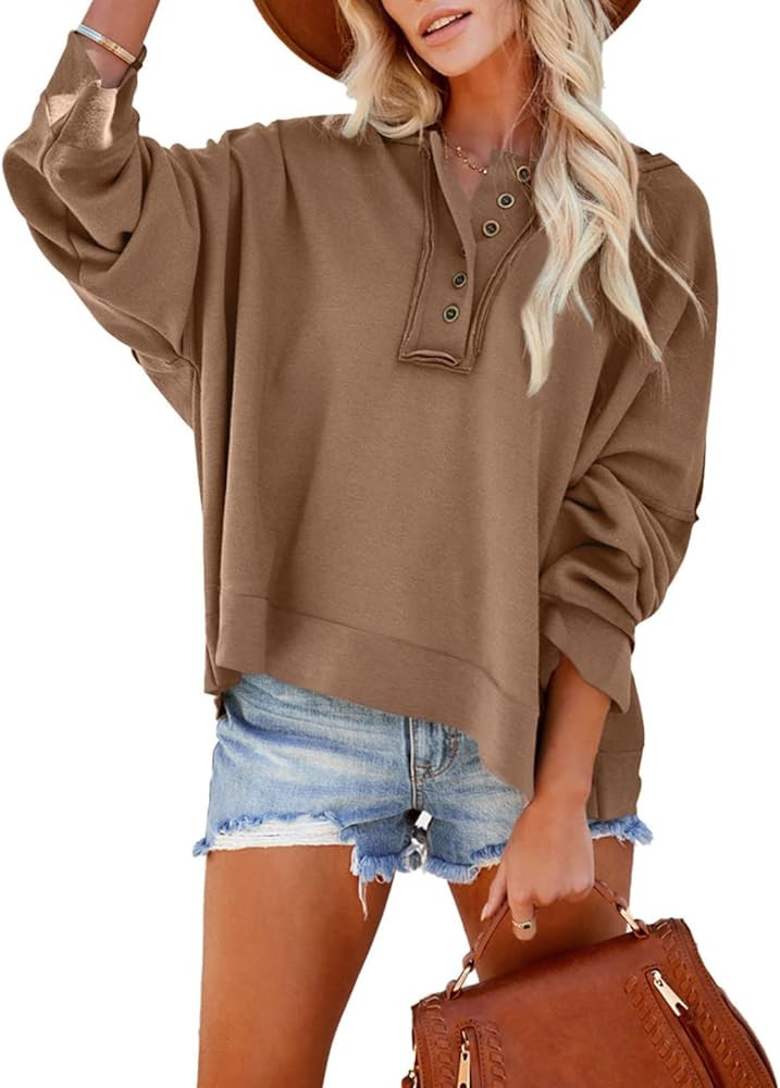Dokotoo Women's V Neck Button Down Long Sleeve Crop Hoodies Loose Pullover Hooded Sweatshirts Top... | Amazon (US)