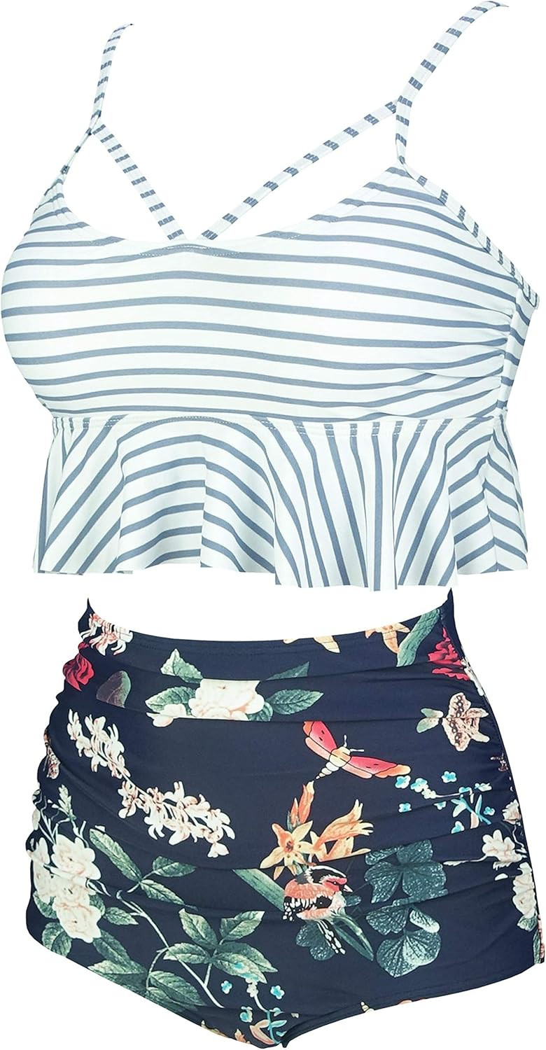 COCOSHIP Women's Retro Boho Flounce Falbala High Waist Bikini Set Chic Swimsuit(FBA) | Amazon (US)