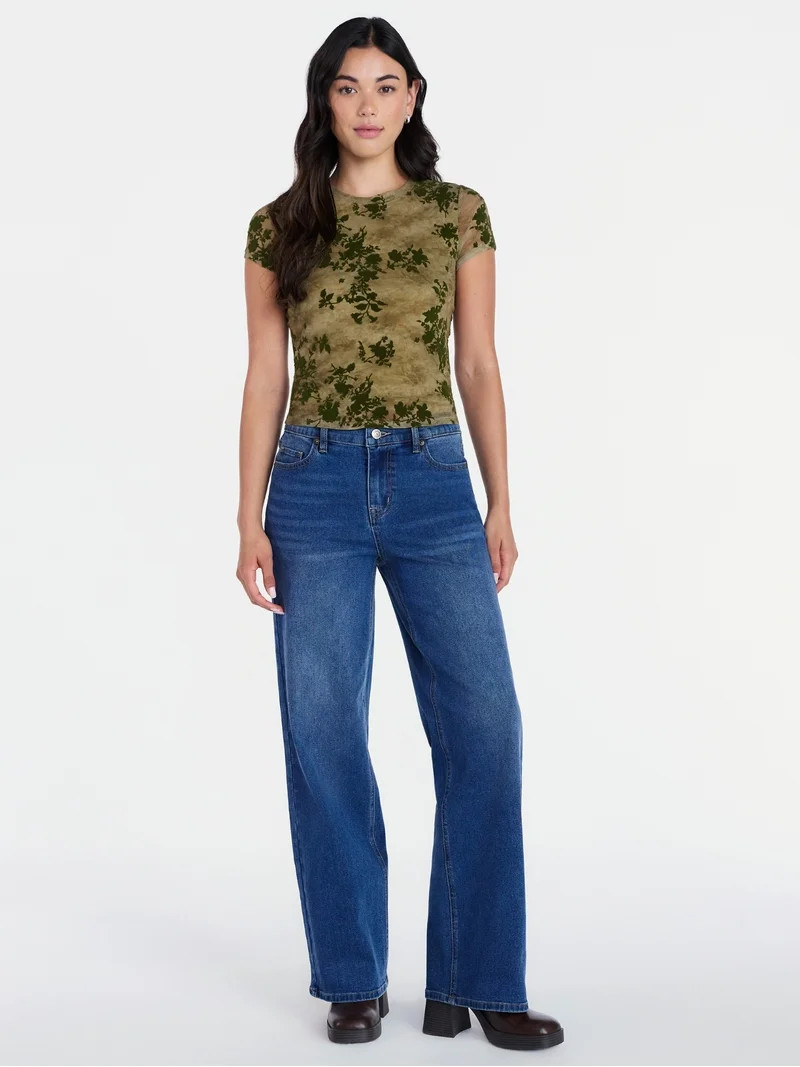 Madden NYC Women\u2019s Flocked Floral Mesh Crewneck Tee with Short Sleeves, Sizes XXS-XXL | Walmart (US)