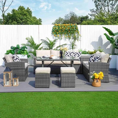 Nyshae Rectangular 8 - Person 55.1'' L Outdoor Restaurant Dining Set | Wayfair North America