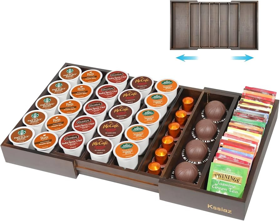 Coffee Pod Holder Drawer, Bamboo K Cup Holder Compatible with Nespresso Vertuo Capsules, 25-45 K ... | Amazon (US)