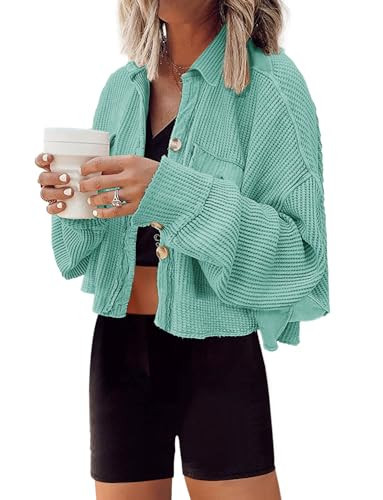 Panadila Womens Cropped Jacket Waffle Knit Shacket Trendy Button Up Shirts 2024 Long Sleeve Tops(Lake Blue,L) | Amazon (US)