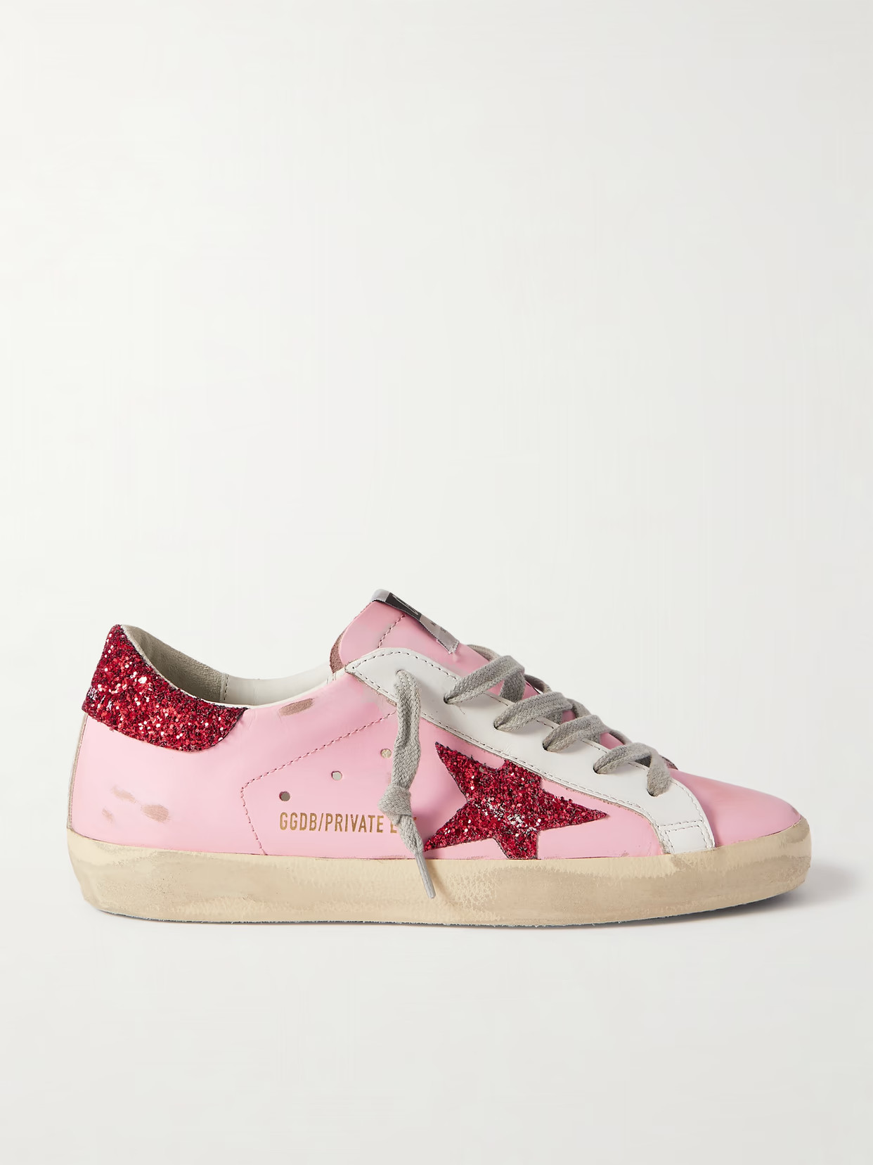 Golden Goose - Superstar Glittered Distressed Leather Sneakers - Pink | NET-A-PORTER (US)