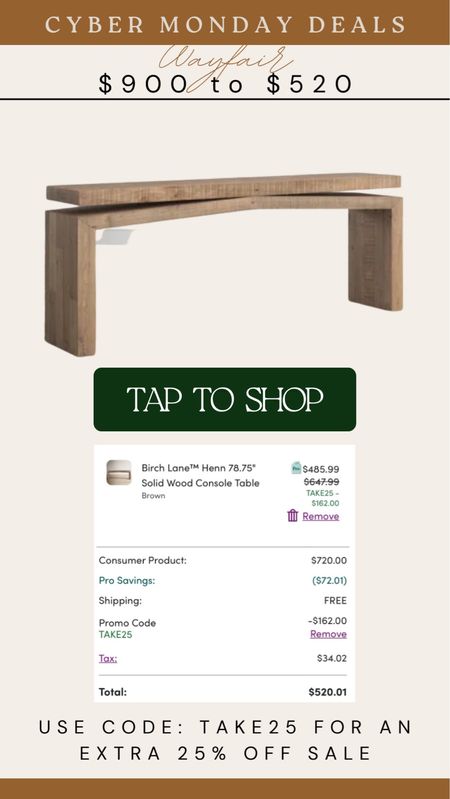 HUGE sale on this beautiful console table! Originally $900, on sale for $720 use code TAKE25 for an additional 25% off, free shipping and comes to $520! I ordered color Brown
#consoletable #table
#entrytable #mediatable #browntable #woodentable #woodtable #cybermonday #livingroom #homedecor

#LTKhome #LTKsalealert #LTKCyberWeek