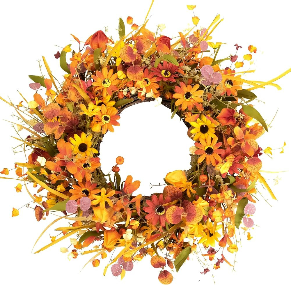 JINGHONG 22” Fall Wreaths for Front Door,Artificial Fall Wreath with Orange/Yellow Daisies and ... | Amazon (US)
