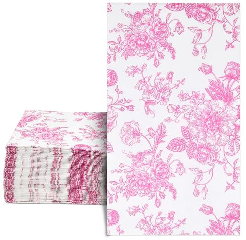 100 Pcs Pink & White Floral Guest Napkins Toile Blossom Flowers Disposable Paper Hand Towel Napkin for Summer Spring Birthday Party Supplies | Amazon (US)