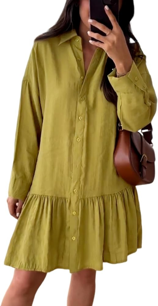 Womens Mini Shirt Dress Summer Casual Long Sleeve Button Down Collared Neck Loose Fit Vacation Be... | Amazon (US)