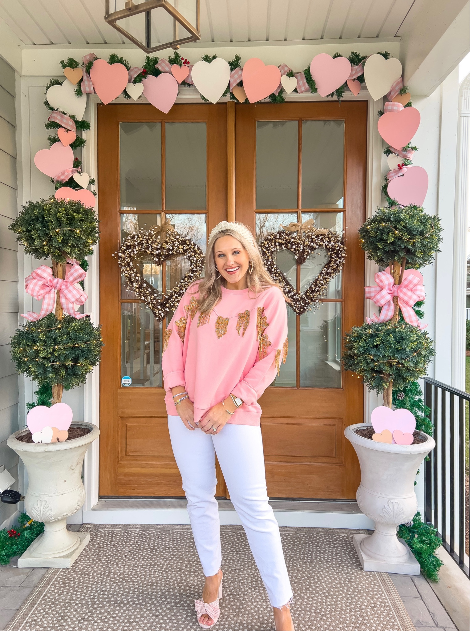 heart sweatshirt
Valentines day ootd
Queen of sparkles heart fringe sweatshirt
Valentines day decor
Front porch decor
Double front doors
Boxwood topiary
Pink outfit
Valentines day sweatshirt


#LTKunder100 #LTKhome #LTKunder50