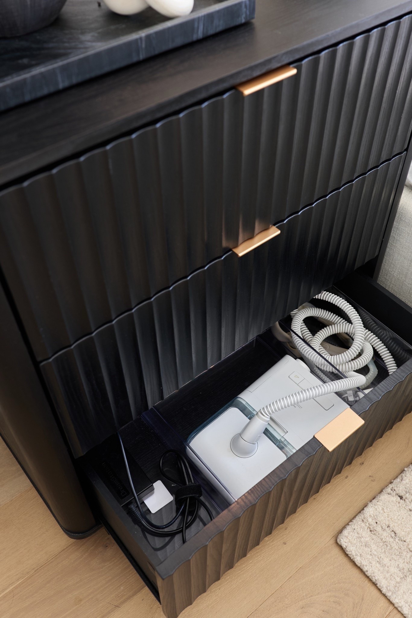 Design hack- choose a nightstand with drawers large enough to fit the CPAP machine and drill a hole in the back to run the cord through. During the day just close the drawer.  O ugly machine or cord in sight🤍

#LTKHome