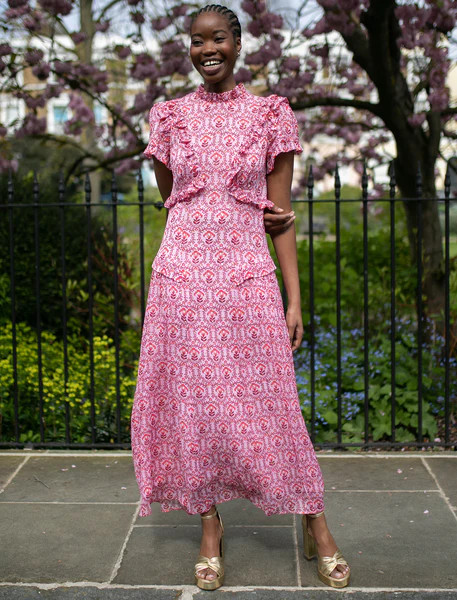 Mirabel Gold Metallic Fil Coupé Maxi Dress - Pink Carnation Print | Cefinn