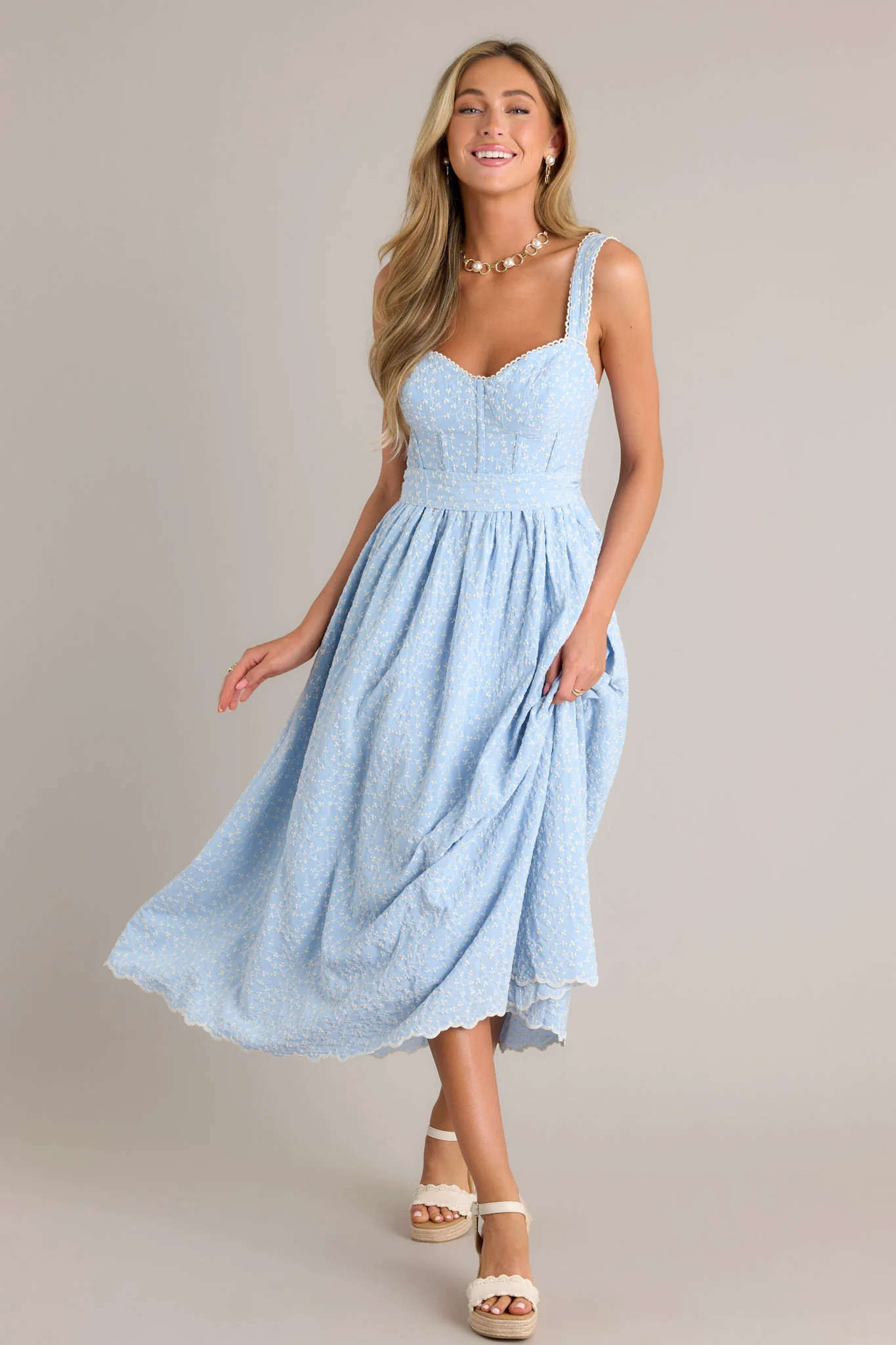 Stitched Serenity Light Blue Embroidered Midi Dress | Red Dress