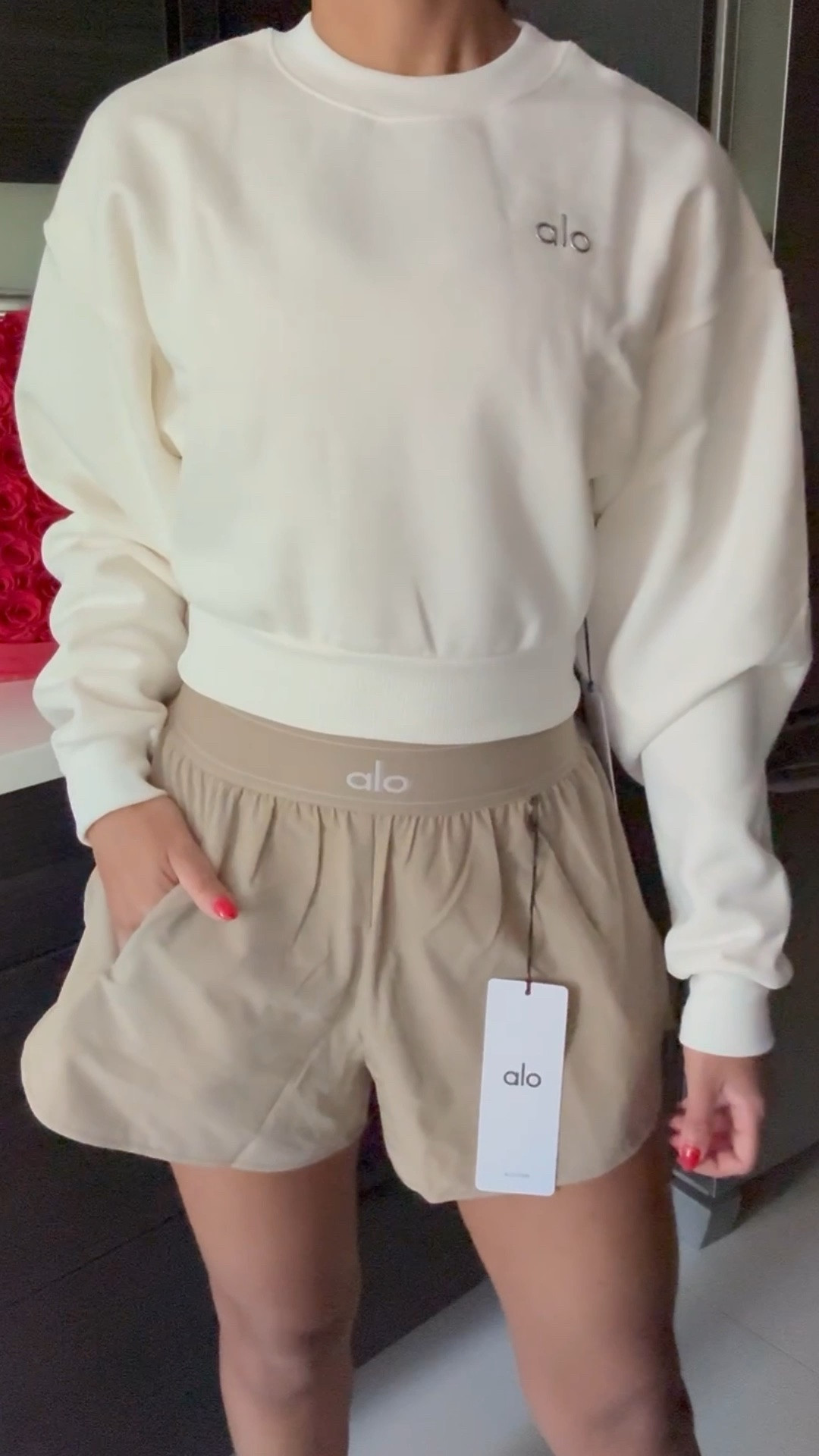 ivory & gravel belong together. 🤍 @Alo Yoga 

pilates, running, athleisure, lounge, match point short, accolade cropped sweatshirt, petite.

#LTKfitnessgoals #LTKPetite #LTKootd