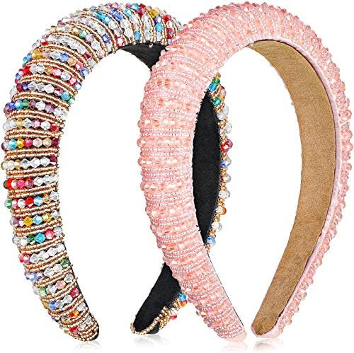 2 Pieces Crystal Rhinestone Headbands Crystal Embellished Crystal Headband Velvet Padded Wide Hairba | Amazon (US)