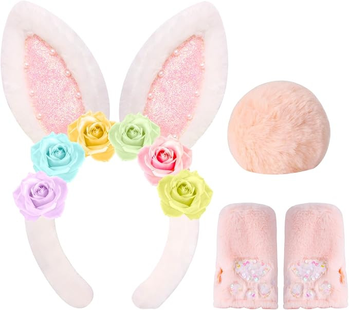 PinkSheep Bunny Ears and Tail for kids,Bunny Headbands with Pink Bunny Gloves/Bakset and Bunny Co... | Amazon (US)