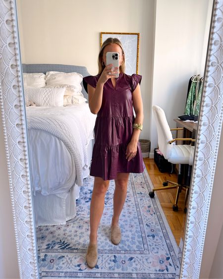 Faux leather plum ruffle dress! True to size, use code AMY15 💜 #ShopAvara #purpledress #fauxleather 

#LTKshoecrush #LTKunder100 #LTKSeasonal