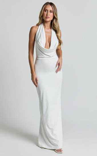 Sylvana Maxi Dress - Cowl Halter Neck Bodycon Dress in White | Showpo (US, UK & Europe)