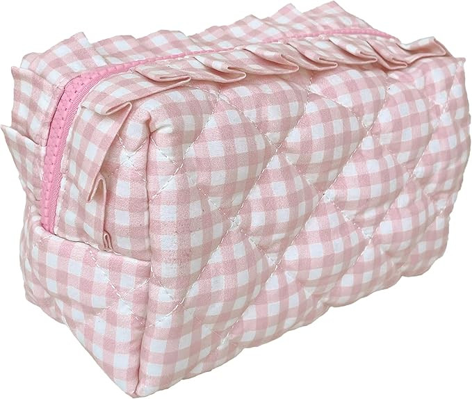 Handmade Cotton Quilted Makeup Bag for Purse,Ruffie Cosmetic Bag with Zipper,Cute Girly Pouches f... | Amazon (US)