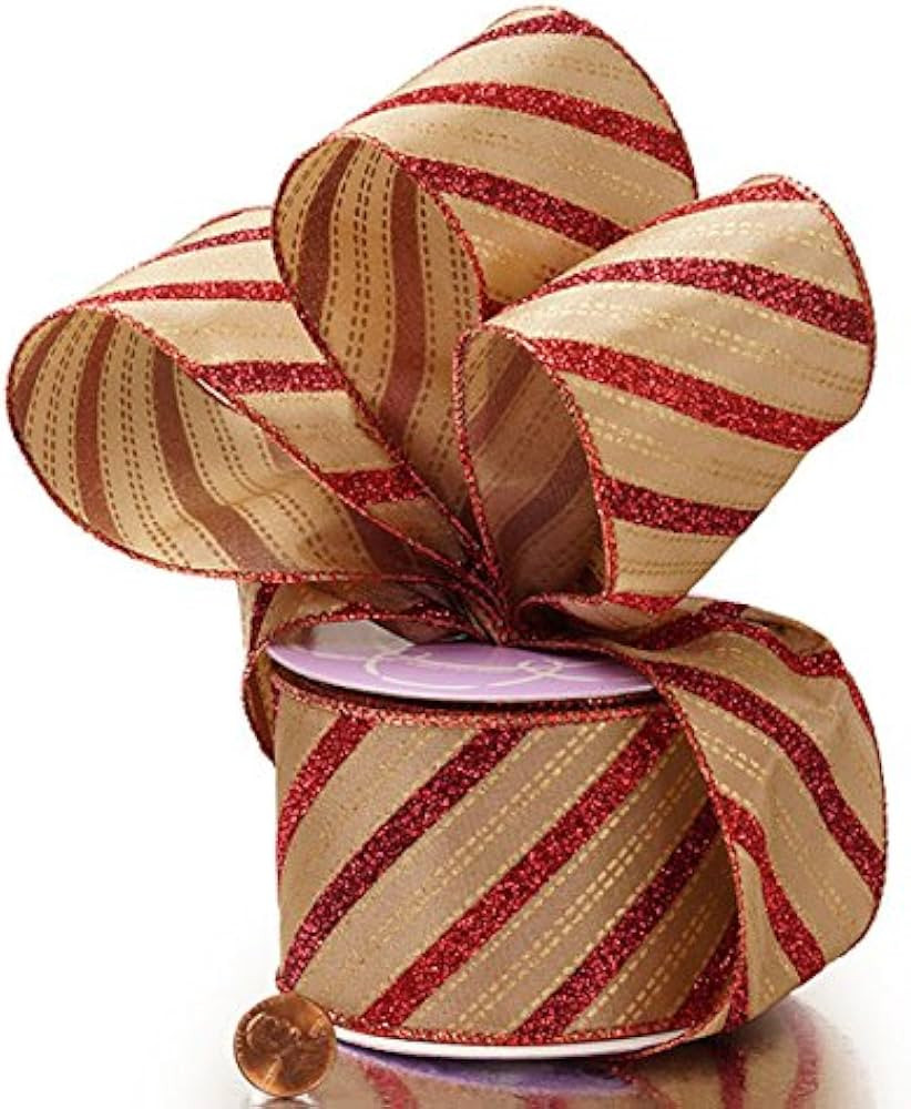 Red Glitter Striped Christmas Ribbon - 2 1/2" x 10 Yards, Gold Accents, Gift Wrapping, Wreath Dec... | Amazon (US)