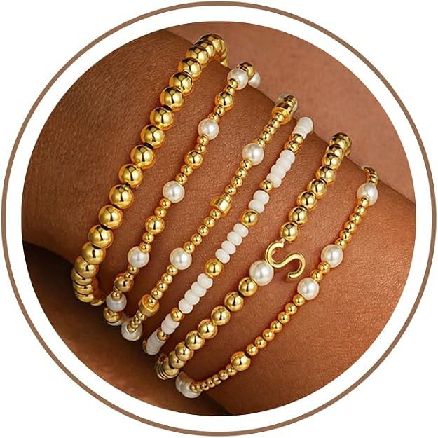 18K Gold Plated Beaded Stretch Initial Bracelet for Women Gifts | Dainty 6PCS Initial A-Z Letter ... | Amazon (US)