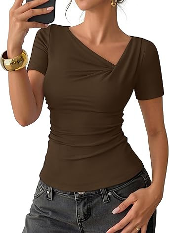 ZESICA Womens Summer Asymmetrical T Shirts Ruched Fitted Short Sleeve Y2K Going Out Tops 2026 Spr... | Amazon (US)