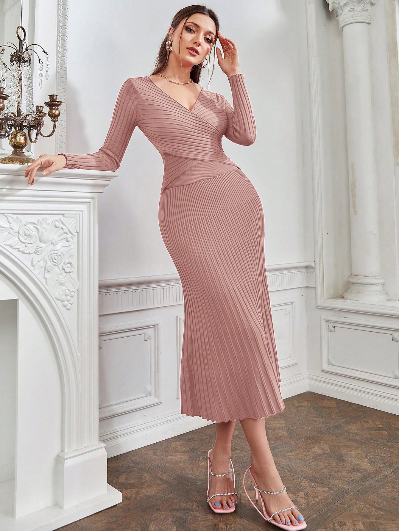 SHEIN Modely Solid Wrap Cross Sweater & Mermaid Hem Knit Skirt | SHEIN