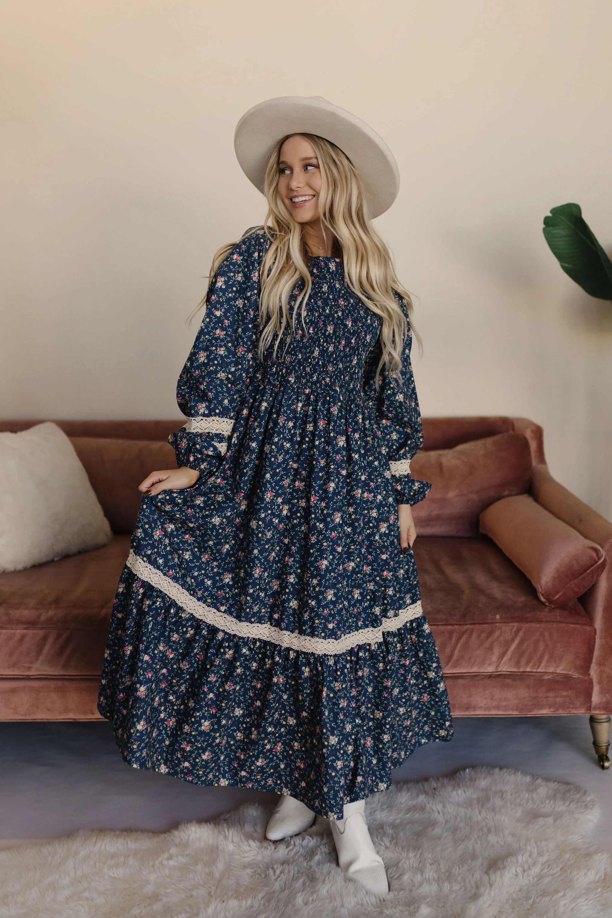 THE INDY SMOCKED FLORAL MAXI DRESS IN INDIGO | Pink Desert